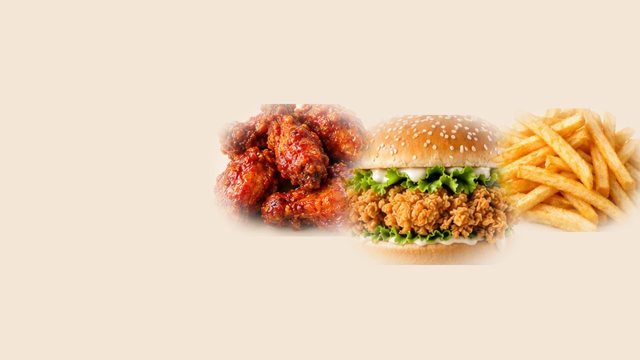 Hot wings, zinger burgers and fries.
