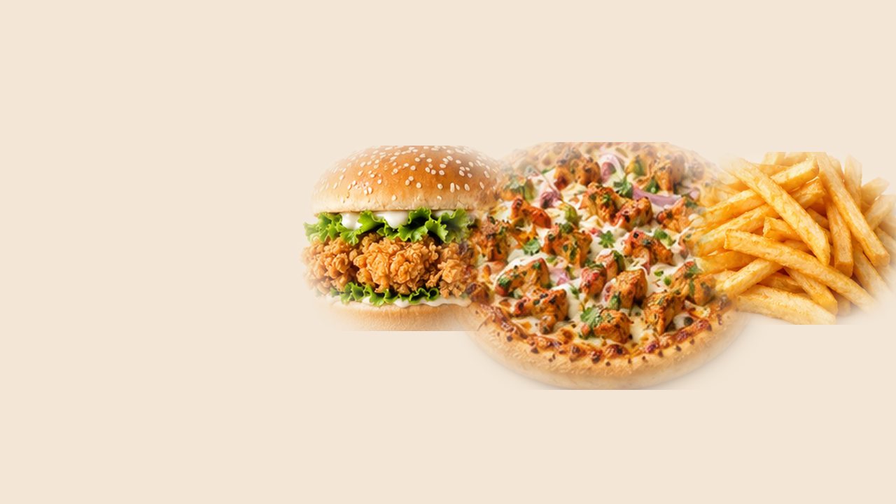 Zinger burgers, a large pizza and fries.